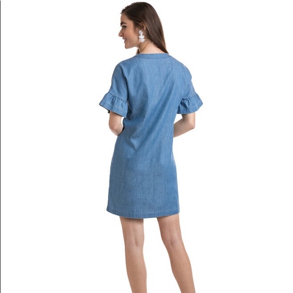 DR111 Vineyard Vines Chambray Flutter Sleeve Dress - Picture 2 of 7